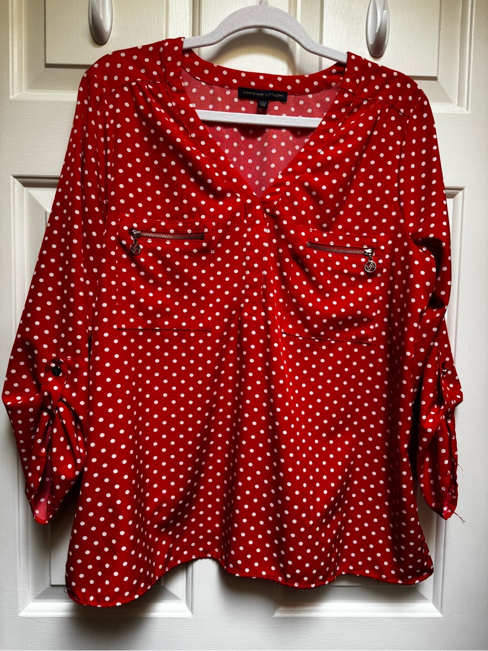 Adrienne Vittadini Red Polka Dot White V Neck 3/4 Sleeve Top Womens L Lg Large